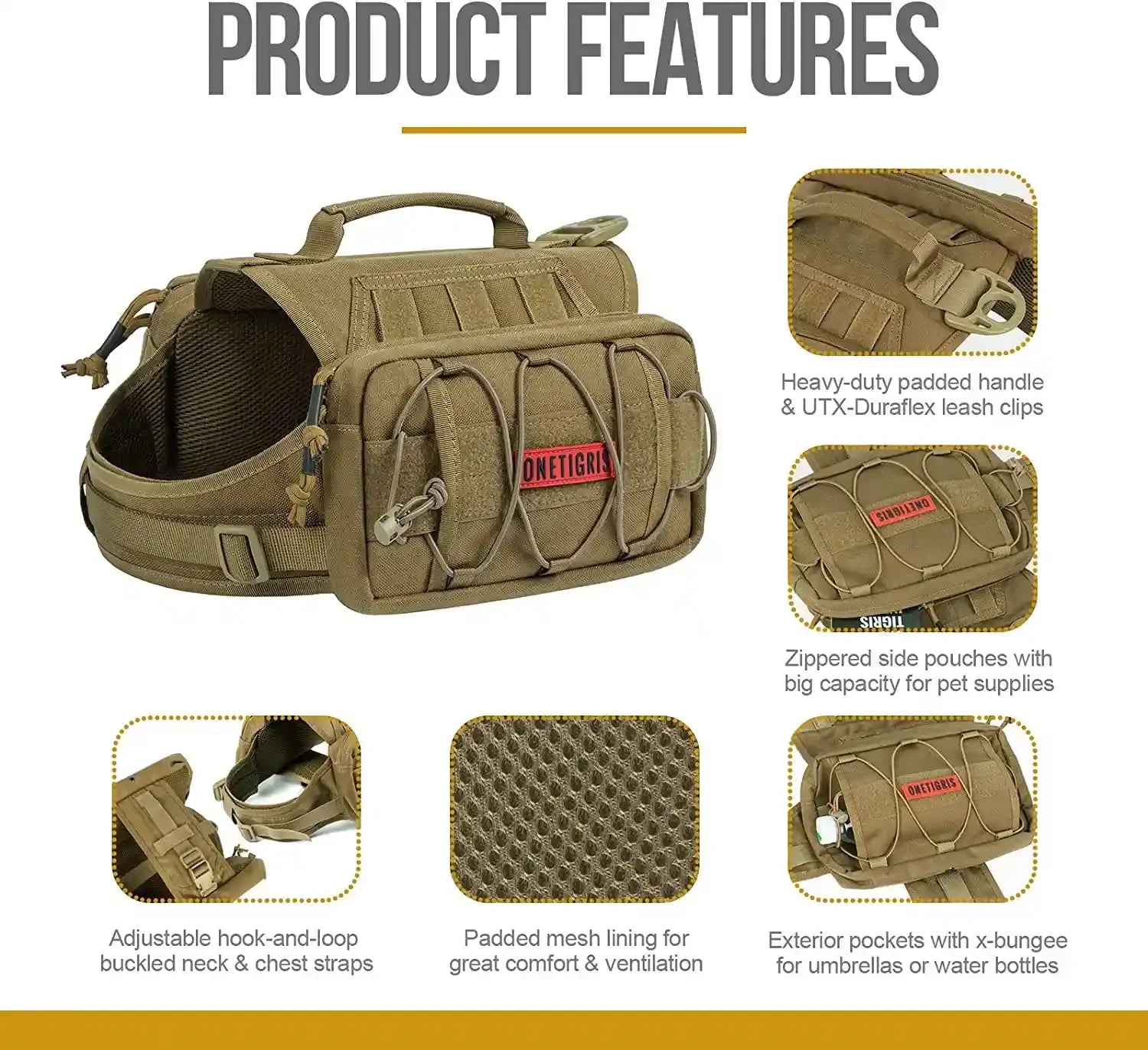 Onetigris Dog Backpack for Medium & Large Dogs, Nylon Backpack for Dogs Tactical Pet Backpack with Side Pockets for Hiking Walking Training Running (Brown, Medium)