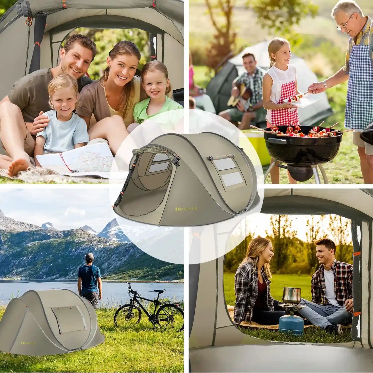 Instant Tent 4-Person Camp Tent, Auto Setup Pop up Tent, Pordable, Huge Door & Windows, Green