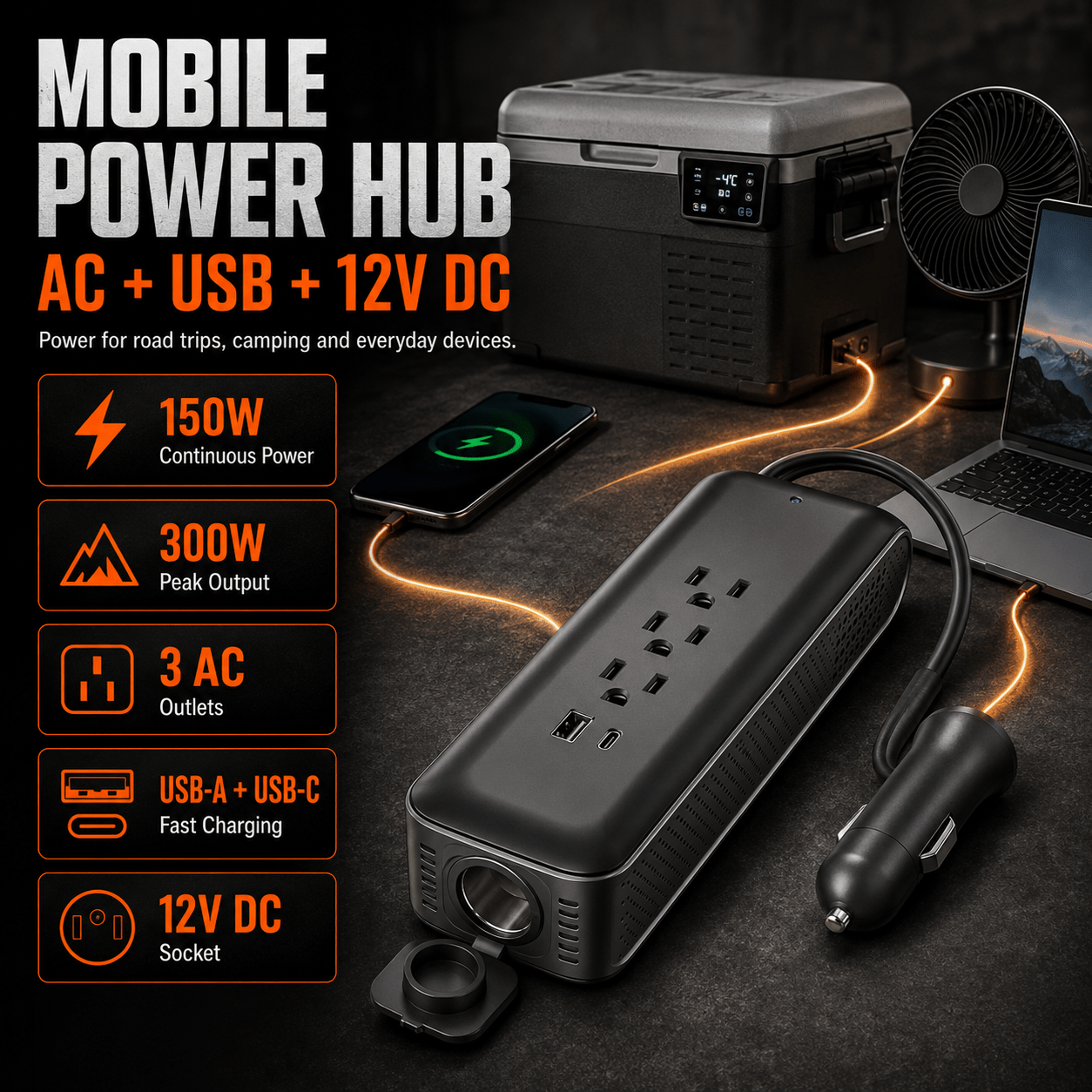 ERAYAK 150W Car Power Inverter - 3 AC Outlets, USB - C & USB - A Fast Charging - Erayak Power - Car charger - EK-TANK150