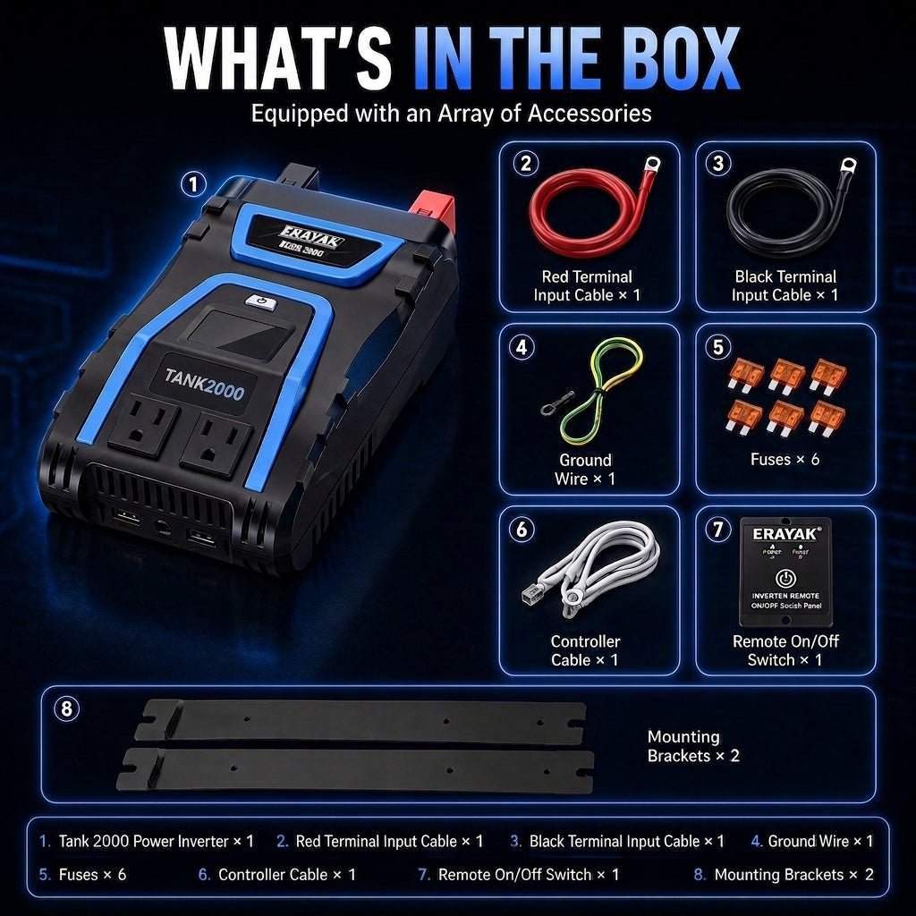 Erayak 2000W Power Inverter, 12V DC to 120V AC, LCD Display, Modified Sine Wave, Remote Control, USB-A & Type-C Ports, 6×40A Fuses, Quiet Fan for RV, Truck, Solar, Home Backup - Erayak Power - Power Inverter - InverterTANK-2000-US