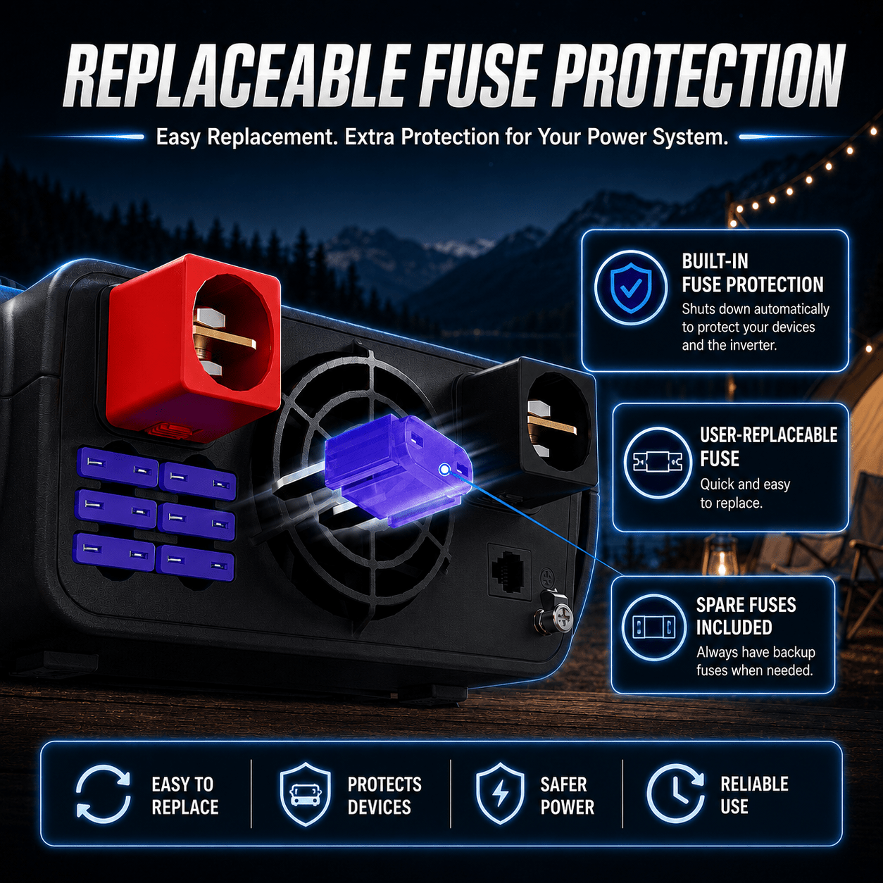 Erayak 2000W Power Inverter, 12V DC to 120V AC, LCD Display, Modified Sine Wave, Remote Control, USB-A & Type-C Ports, 6×40A Fuses, Quiet Fan for RV, Truck, Solar, Home Backup - Erayak Power - Power Inverter - InverterTANK-2000-US