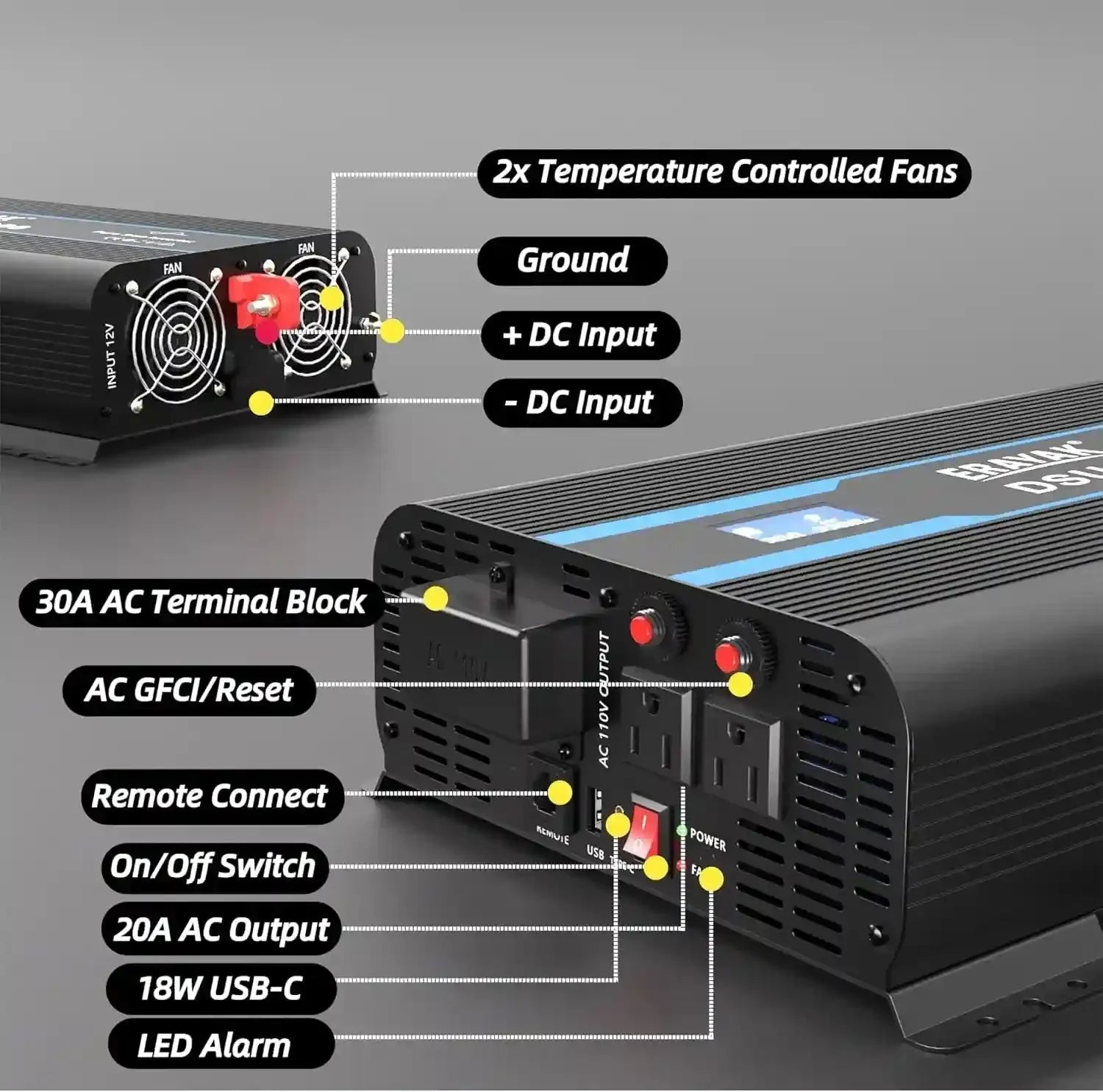 Erayak 2000W Pure Sine Wave Inverter 12V DC to 110V 120V AC Converter for Home, RV, Truck, Off - Grid Solar Power Inverter with 18W USB - C, Fast Charger, LCD Monitor, 6m Remote Controller - Erayak Power
