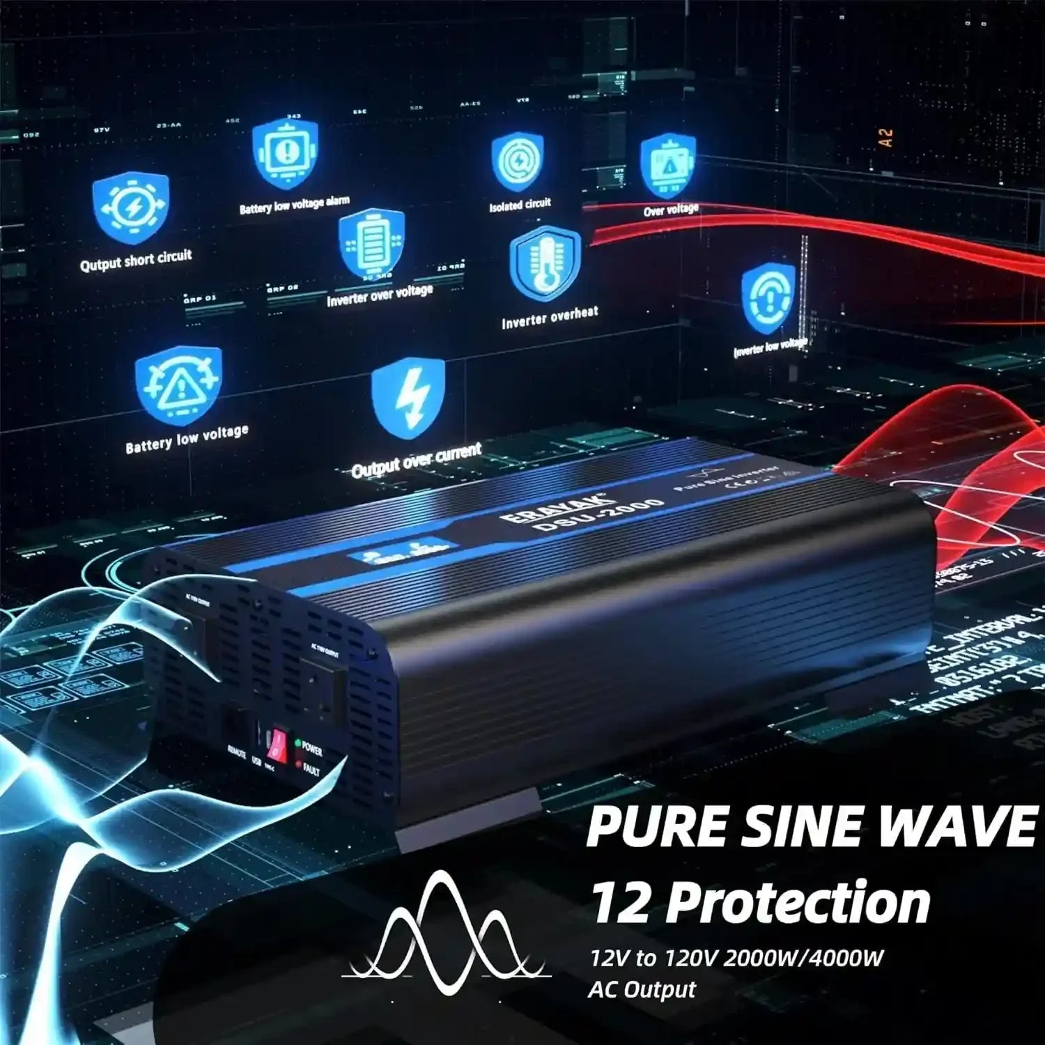 Erayak 2000W Pure Sine Wave Inverter 12V DC to 110V 120V AC Converter for Home, RV, Truck, Off - Grid Solar Power Inverter with 18W USB - C, Fast Charger, LCD Monitor, 6m Remote Controller - Erayak Power