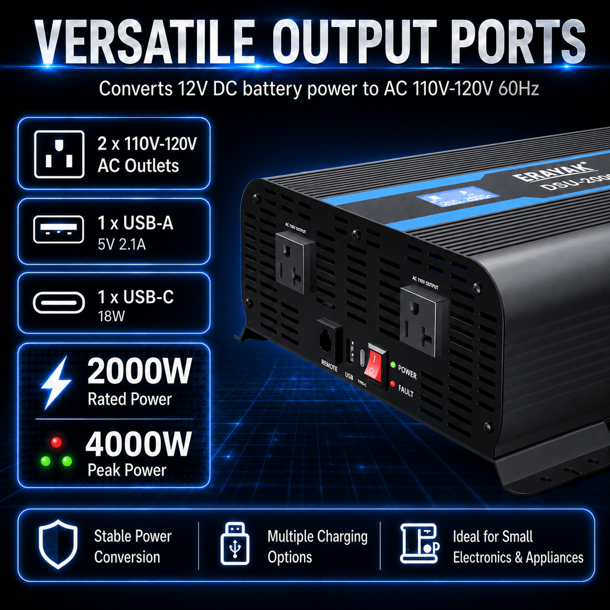 ERAYAK 2000W Pure Sine Wave Inverter for RV, Truck, Off-Grid & Emergency Backup - Erayak Power - 逆变器 - EK-DSU2000US