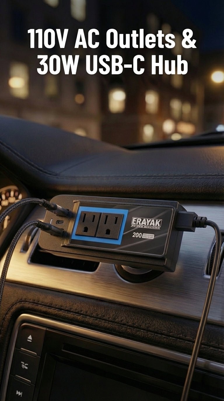 ERAYAK 200W Car Power Inverter [2026] | 110V AC Outlets & 30W USB - C Hub - Erayak Power