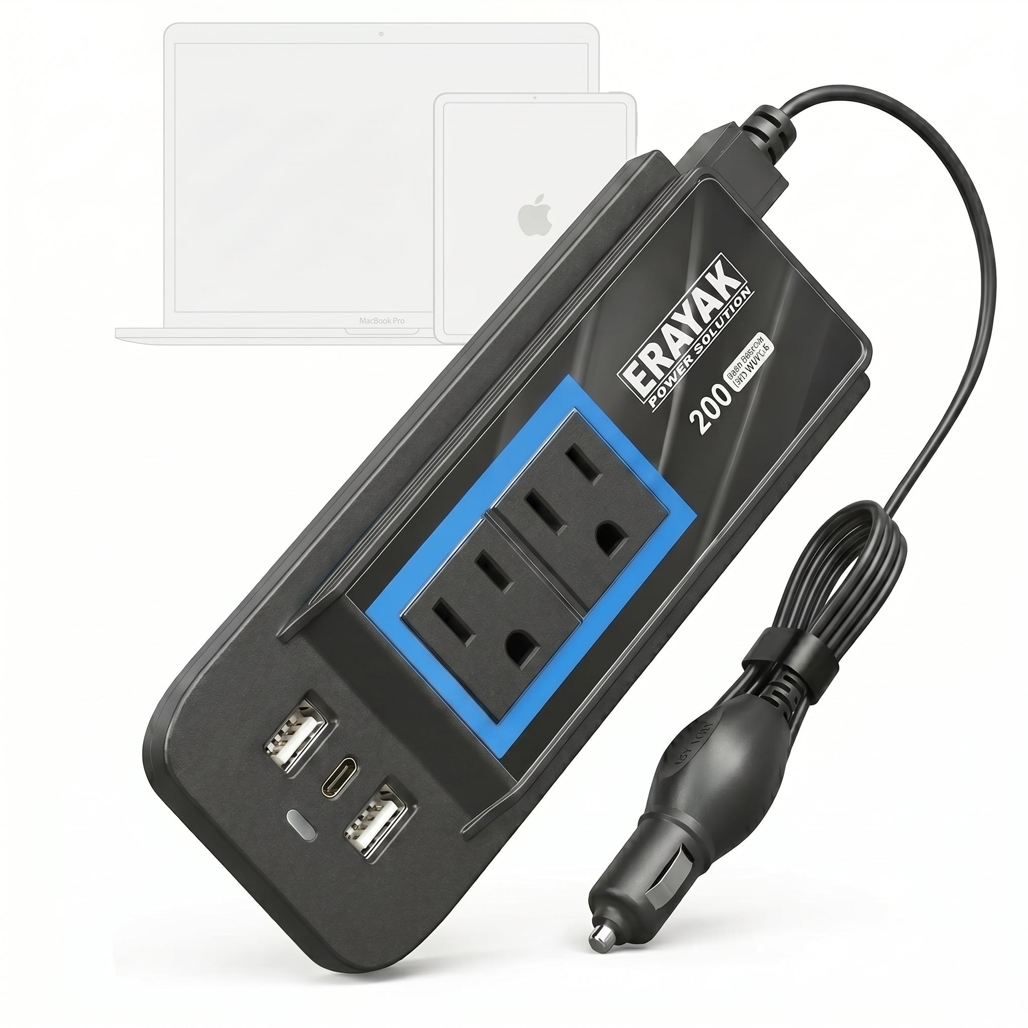 ERAYAK 200W Car Power Inverter - 30W USB - C PD Fast Charging, Dual 110V AC Outlets, Portable Car Adapter for MacBook, iPad, and Pro Electronics - Erayak Power