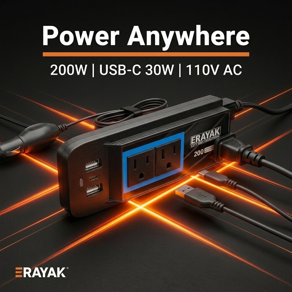 ERAYAK 200W Car Power Inverter - 30W USB - C PD Fast Charging, Dual 110V AC Outlets, Portable Car Adapter for MacBook, iPad, and Pro Electronics - Erayak Power - Car charger - EK-TANK200