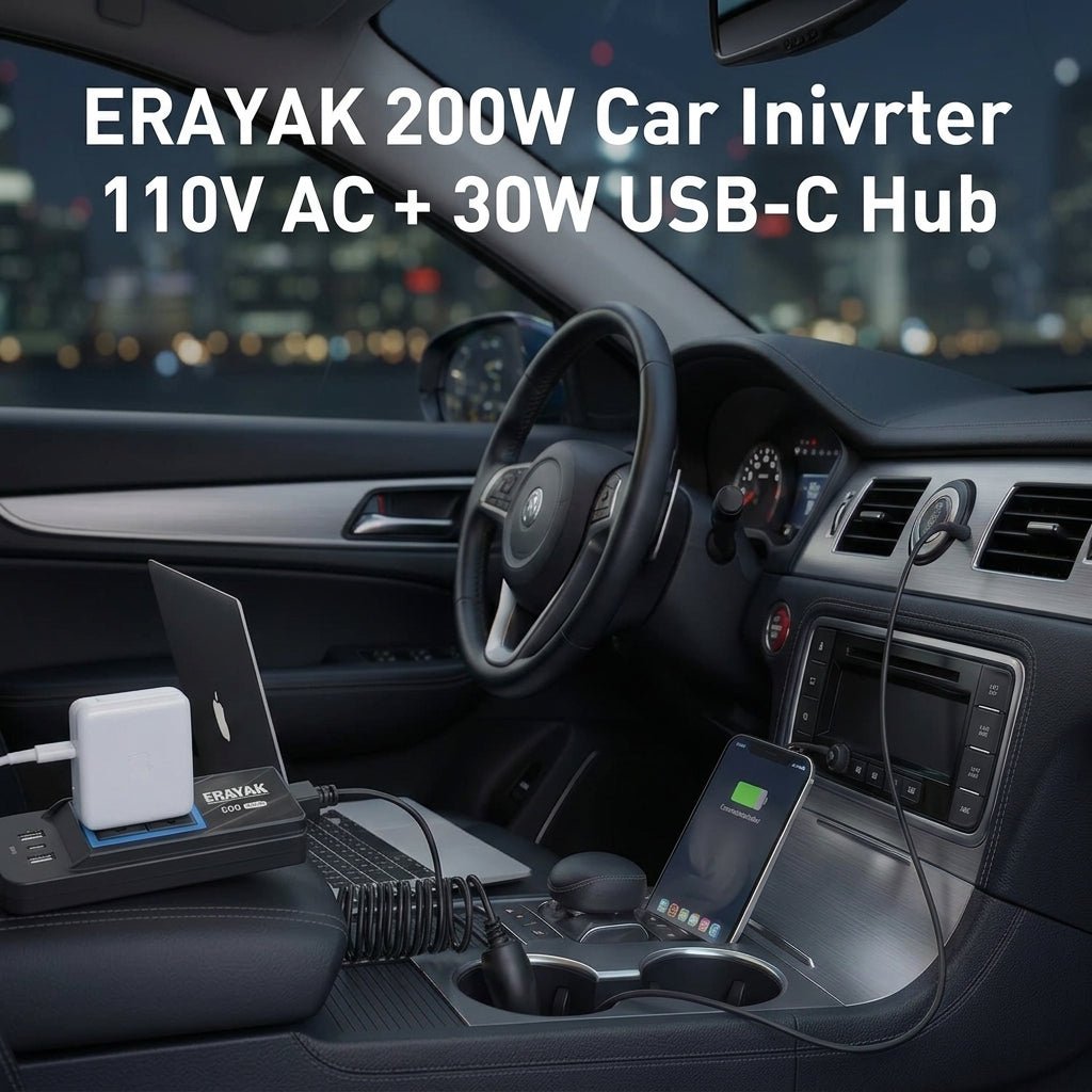 ERAYAK 200W Car Power Inverter - 30W USB - C PD Fast Charging, Dual 110V AC Outlets, Portable Car Adapter for MacBook, iPad, and Pro Electronics - Erayak Power - Car charger - EK-TANK200