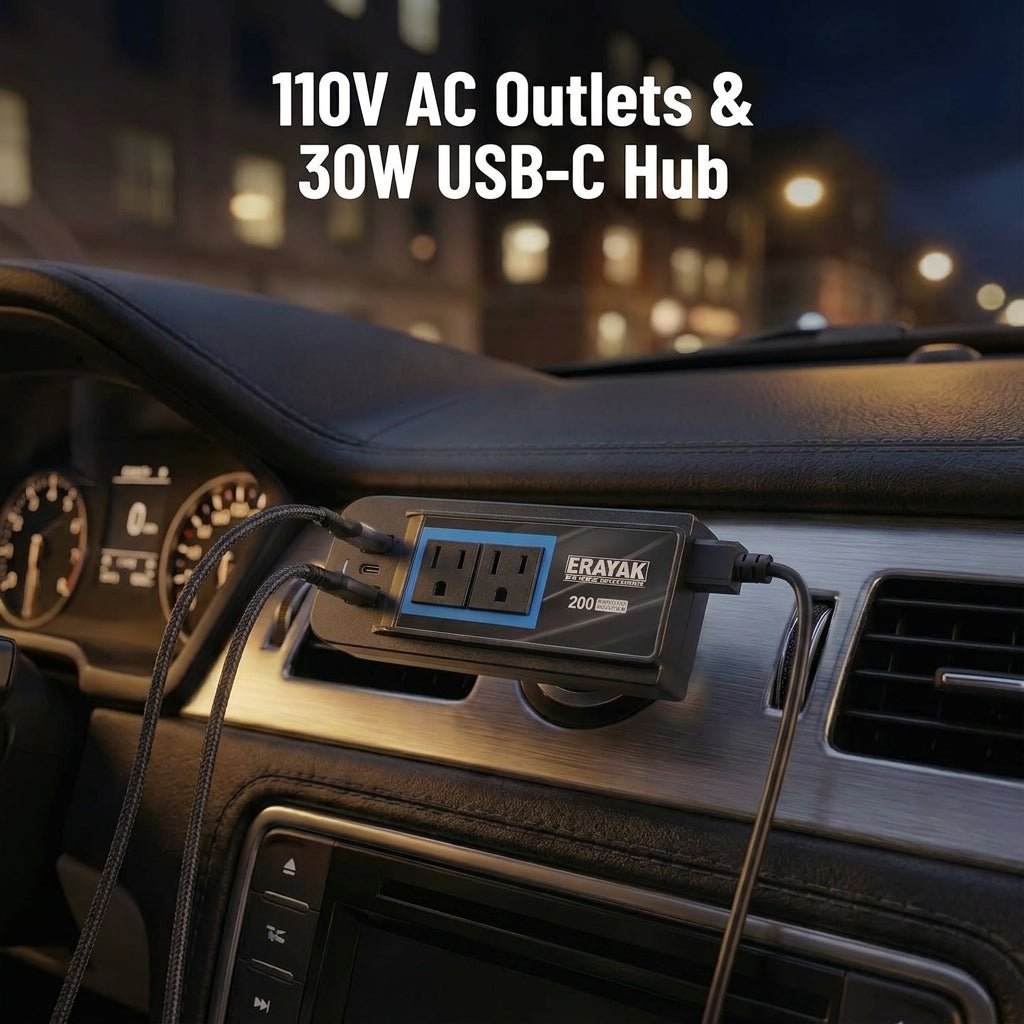 ERAYAK 200W Car Power Inverter - 30W USB - C PD Fast Charging, Dual 110V AC Outlets, Portable Car Adapter for MacBook, iPad, and Pro Electronics - Erayak Power - Car charger - EK-TANK200