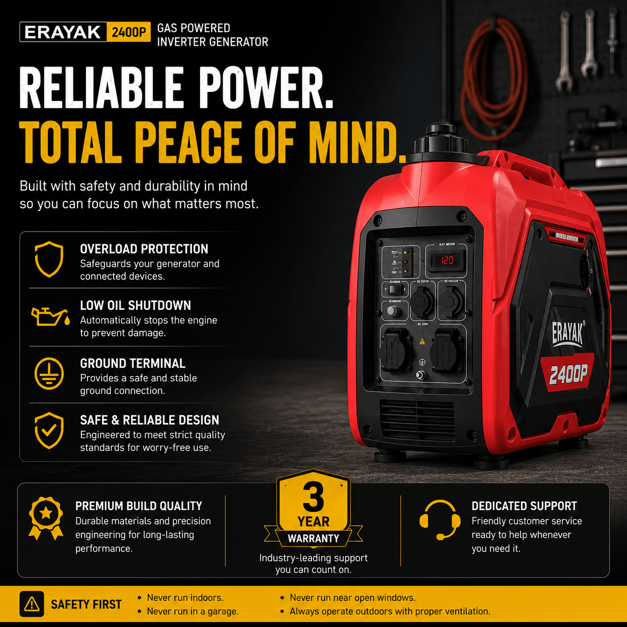 Erayak 2400W Portable Inverter Generator - Gas Powered for Camping, RV Essentials & Small Home Backup - Erayak Power - Portable Inverter Generator - EK-EIG2400P