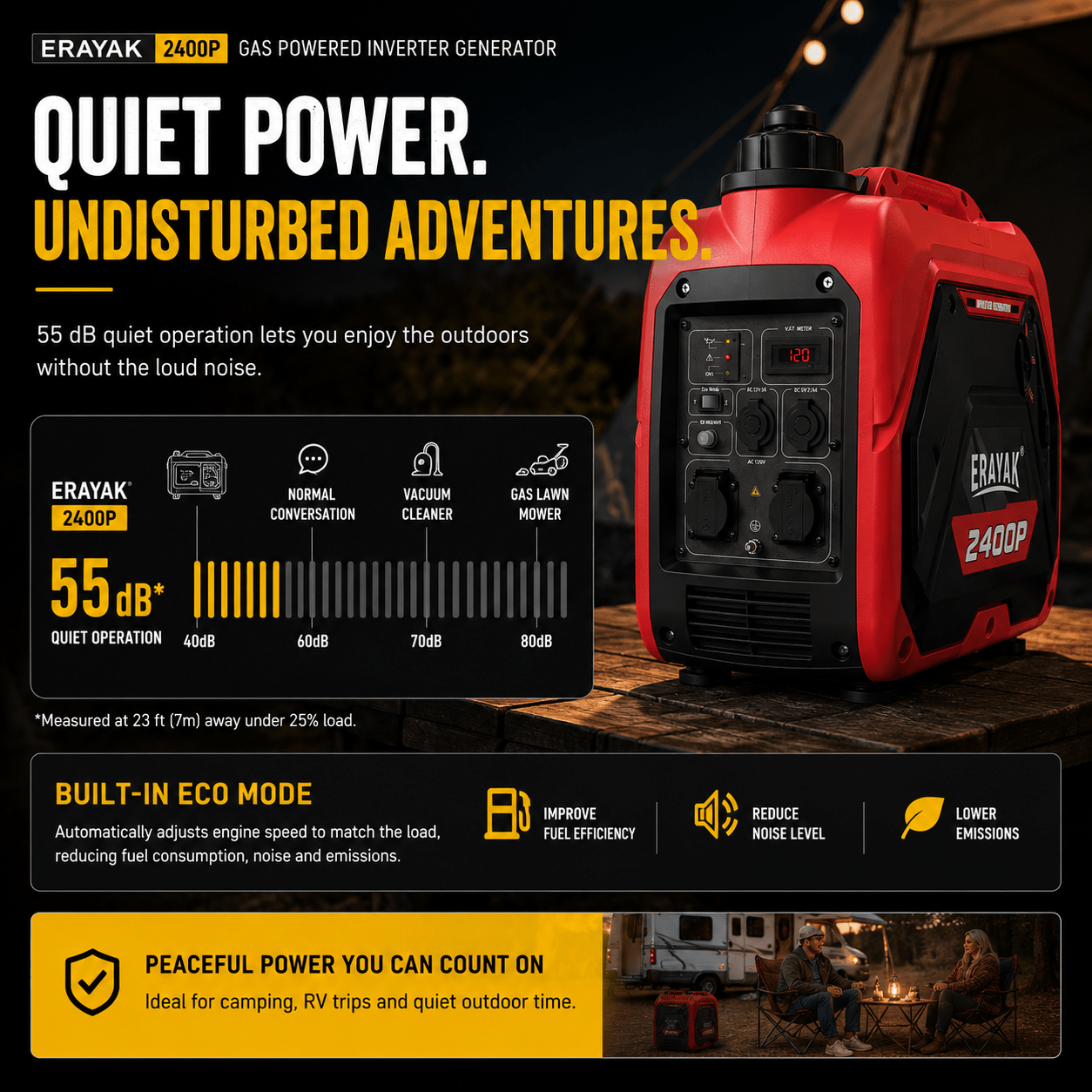 Erayak 2400W Portable Inverter Generator - Gas Powered for Camping, RV Essentials & Small Home Backup - Erayak Power - Portable Inverter Generator - EK-EIG2400P