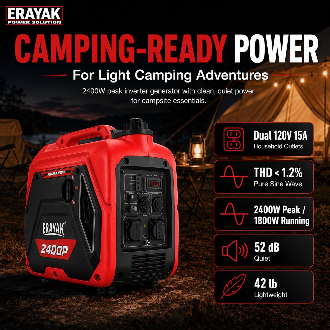 Erayak 2400W Portable Inverter Generator - Gas Powered for Camping, RV Essentials & Small Home Backup - Erayak Power - Portable Inverter Generator - EK-EIG2400P