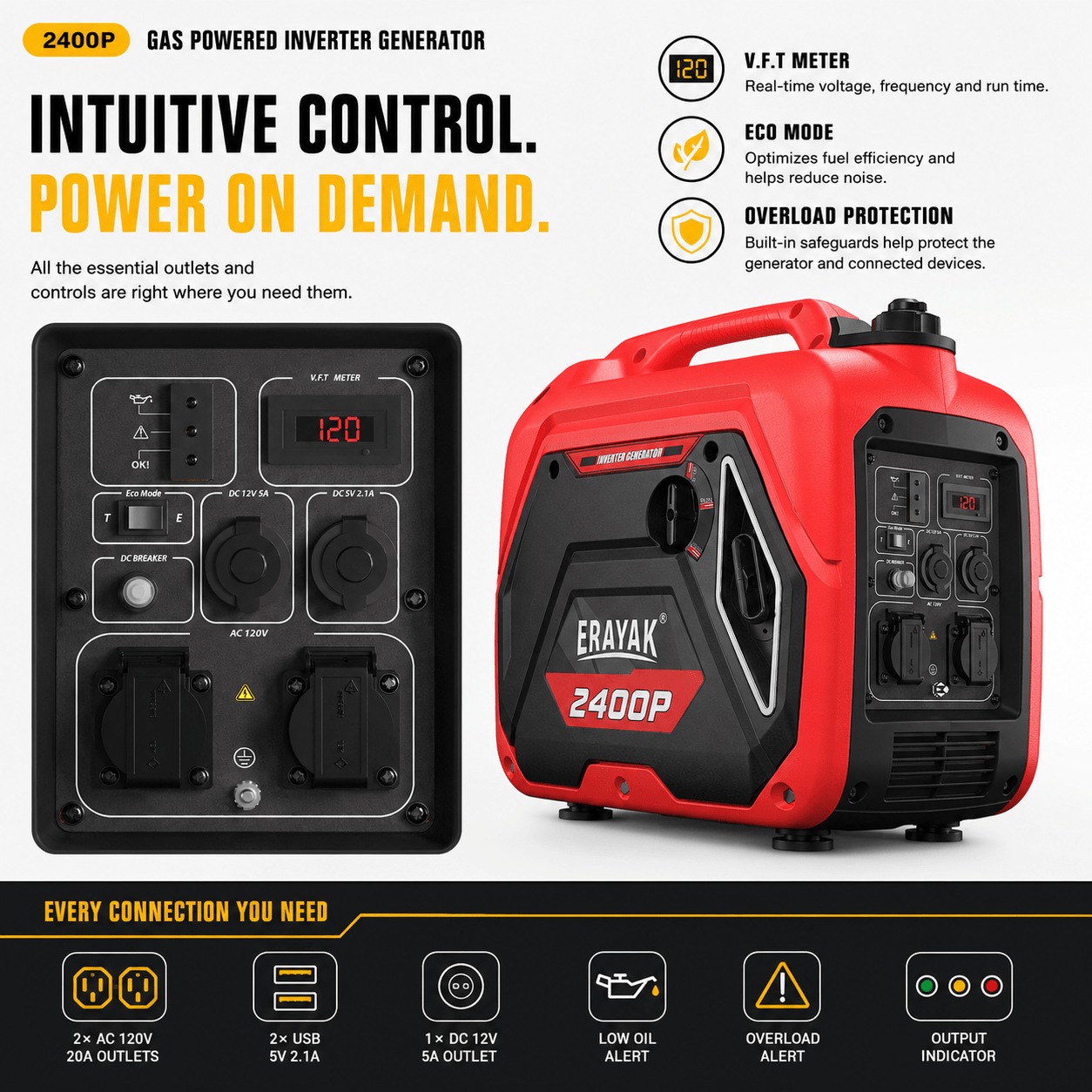 Erayak 2400W Portable Inverter Generator - Gas Powered for Camping, RV Essentials & Small Home Backup - Erayak Power - Portable Inverter Generator - EK-EIG2400P