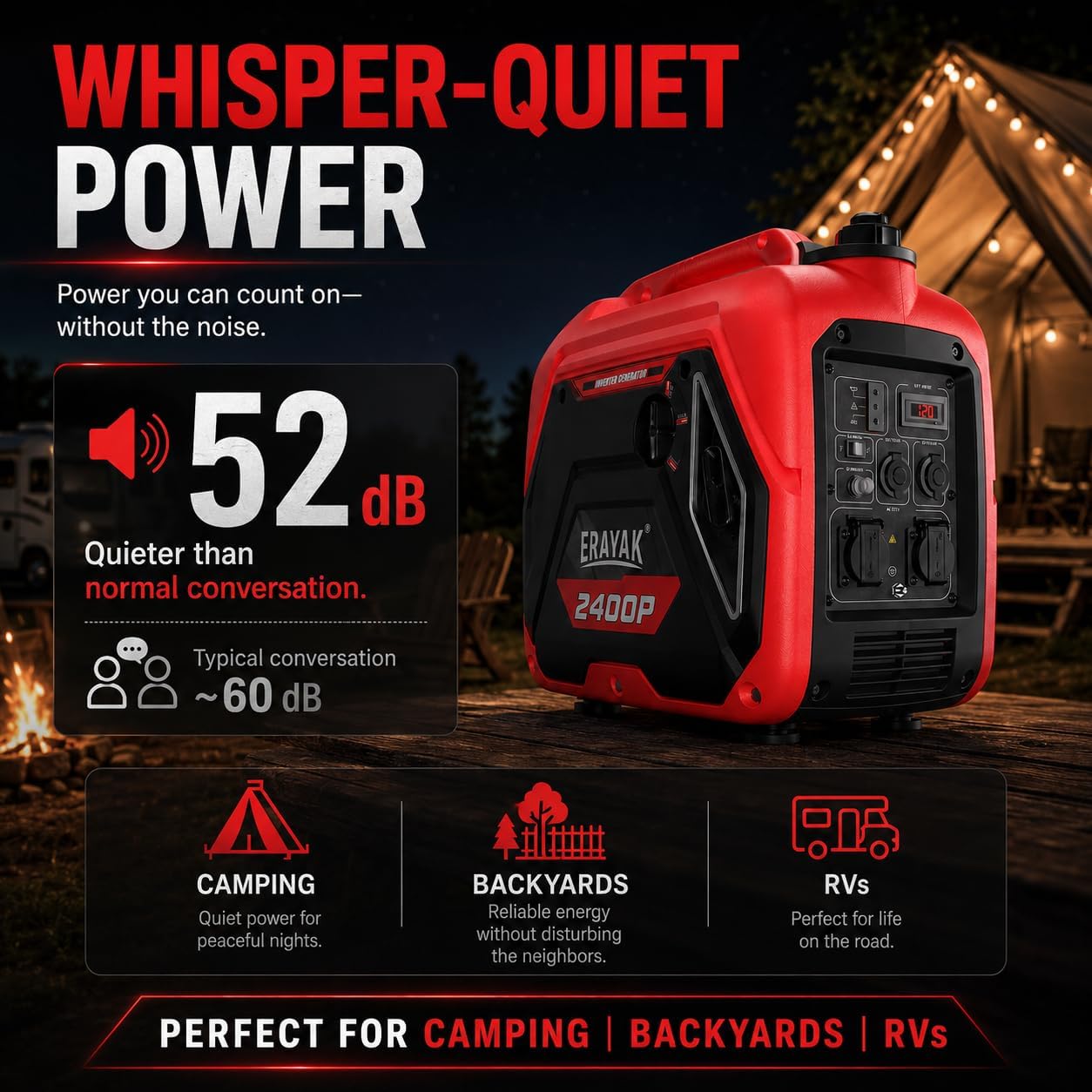 Erayak 2400W Portable Inverter Generator - Gas Powered for Camping, RV Essentials & Small Home Backup - Erayak Power - Portable Inverter Generator - EK-EIG2400P