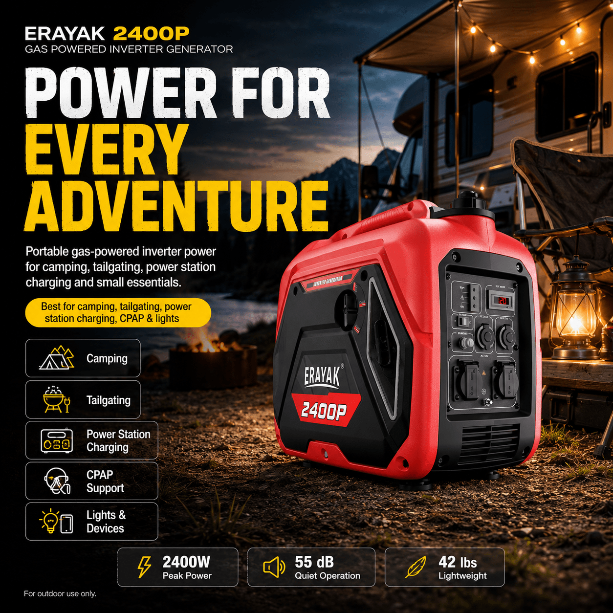 Erayak 2400W Portable Inverter Generator - Gas Powered for Camping, RV Essentials & Small Home Backup - Erayak Power - Portable Inverter Generator - EK-EIG2400P