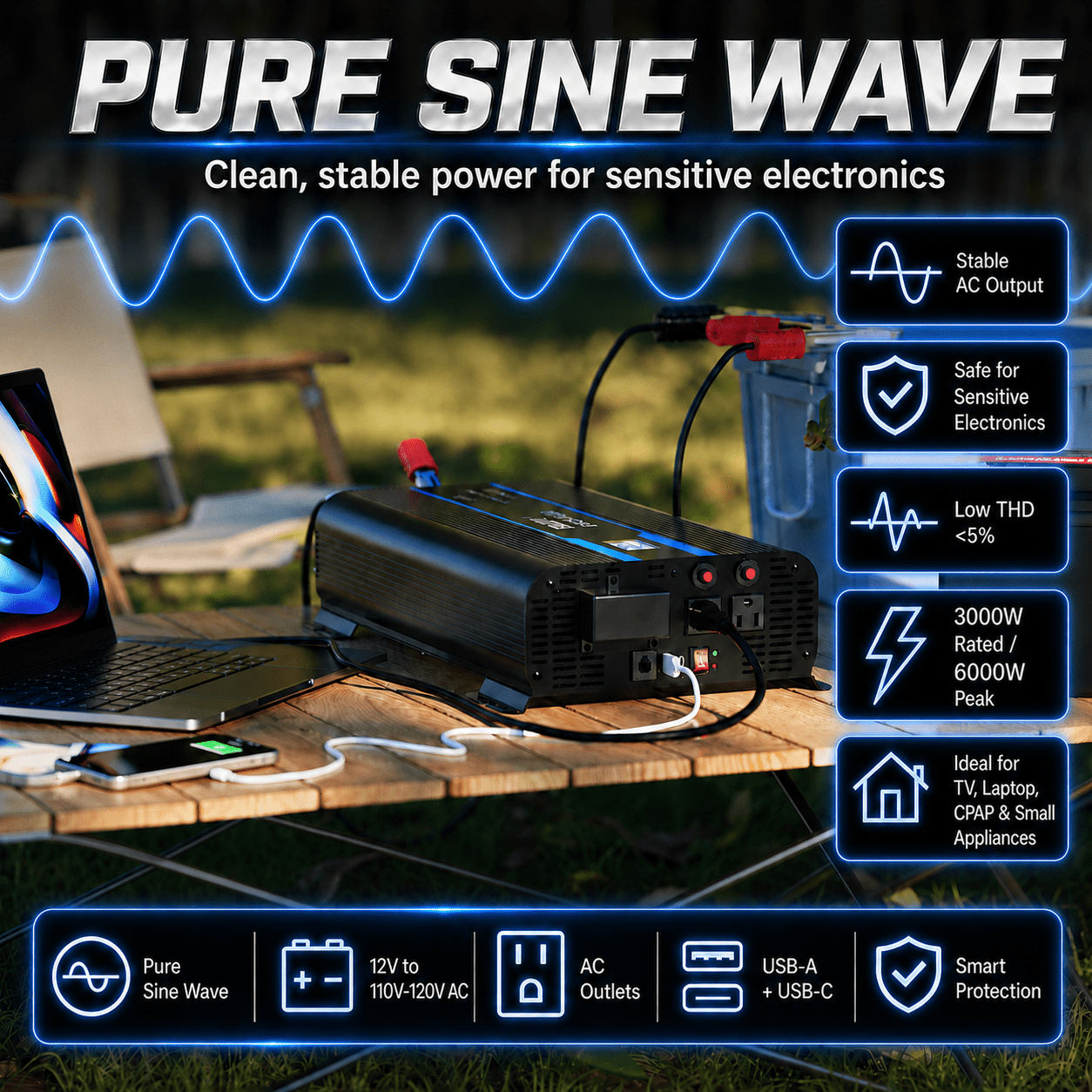 ERAYAK 3000W Pure Sine Wave Inverter with Hardwire Port for RV, Truck & Off-Grid Power - Erayak Power - 逆变器 - EK-DSU3000US