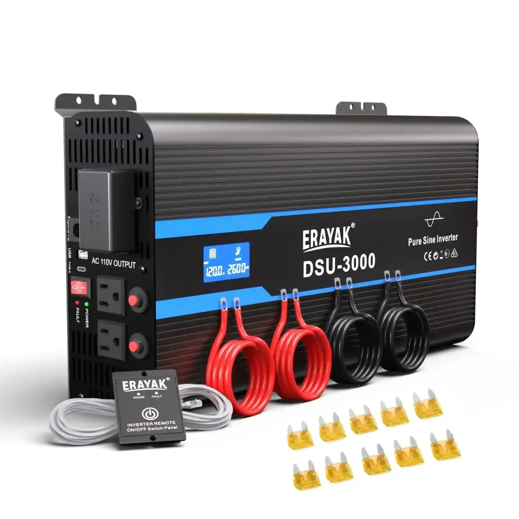 Erayak 3000W/6000W Pure Sine Wave Inverter 12V DC to 110V 120V AC Converter for Home, RV, Truck, Off - Grid Solar Power Inverter with 18W USB - C, AC Hardwire Port, 6m Remote Controller - Erayak Power