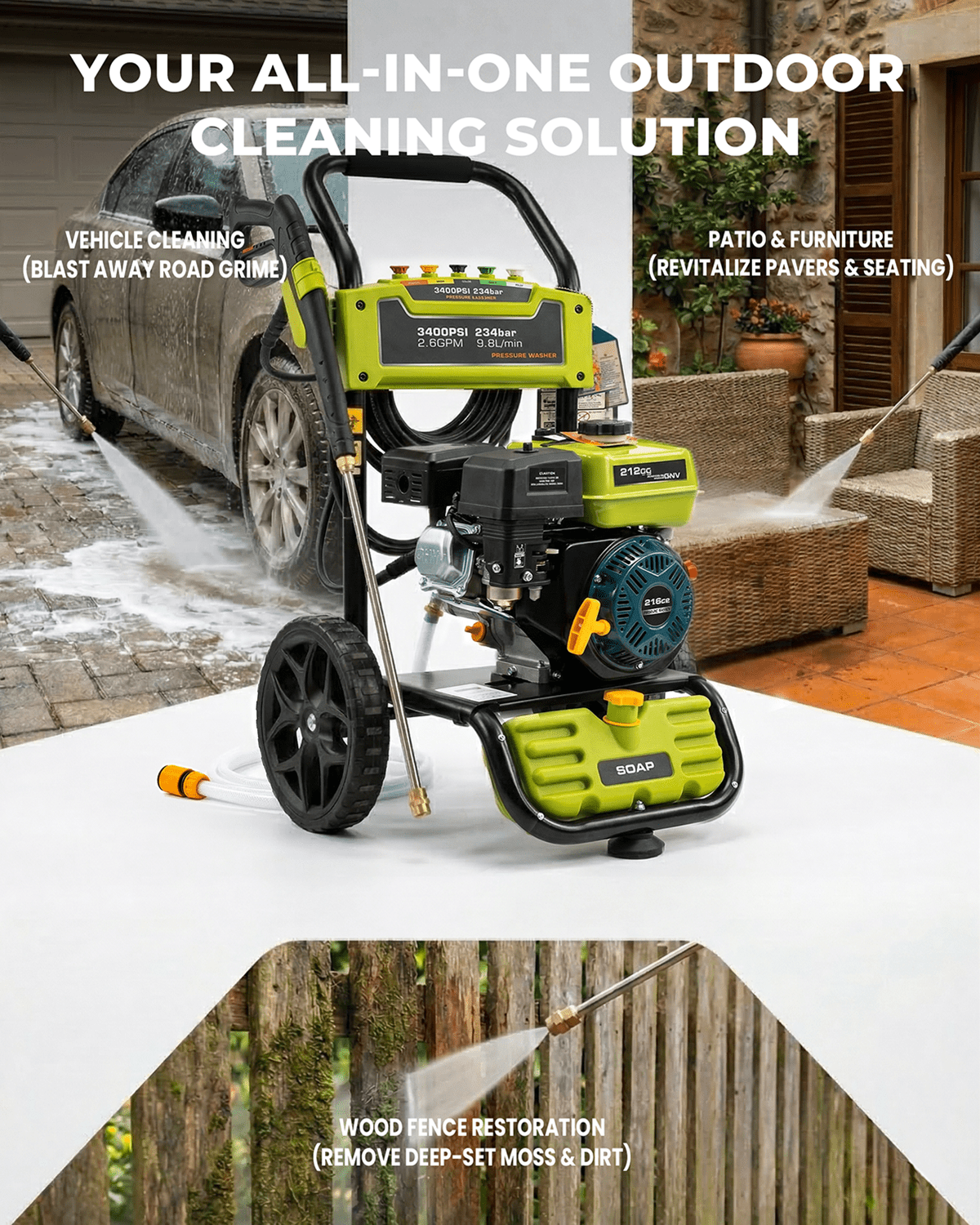 Erayak 3400 PSI Gas Pressure Washer - 2.6 GPM Heavy Duty Power Washer with 212cc OHV Engine for Siding, Decks, and Driveways - Erayak Power - 