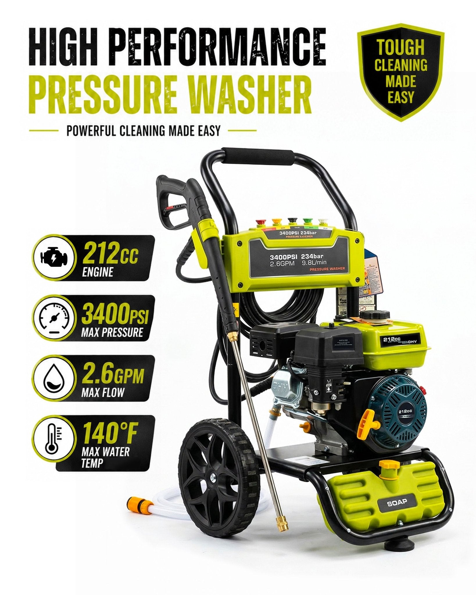 Erayak 3400 PSI Gas Pressure Washer - 2.6 GPM Heavy Duty Power Washer with 212cc OHV Engine for Siding, Decks, and Driveways - Erayak Power - 