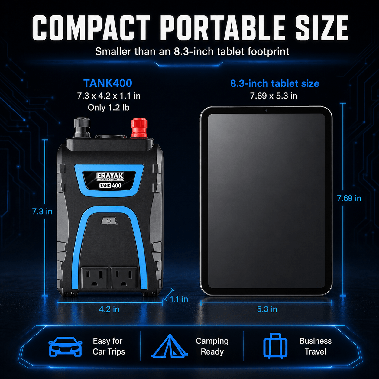 ERAYAK 400W Car Power Inverter, 12V DC to 110V AC Converter with USB-C Charging - Erayak Power - Power Inverter - EK-TANK400