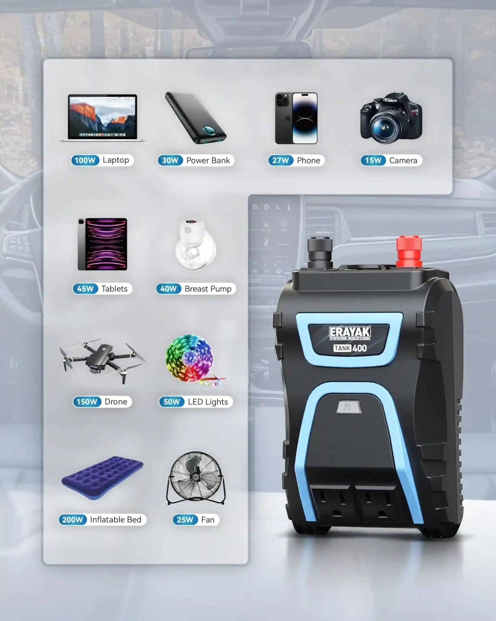 Erayak 400W Car Power Inverter - DC 12V to AC 120V with USB Charger & Cigarette Lighter Adapter - Erayak Power