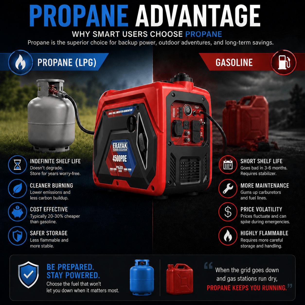 Erayak 4500PDE 4500W Dual-Fuel Inverter Generator for RV & Home Backup with Electric Start - Erayak Power - Portable Inverter Generator - EK-4500PDE