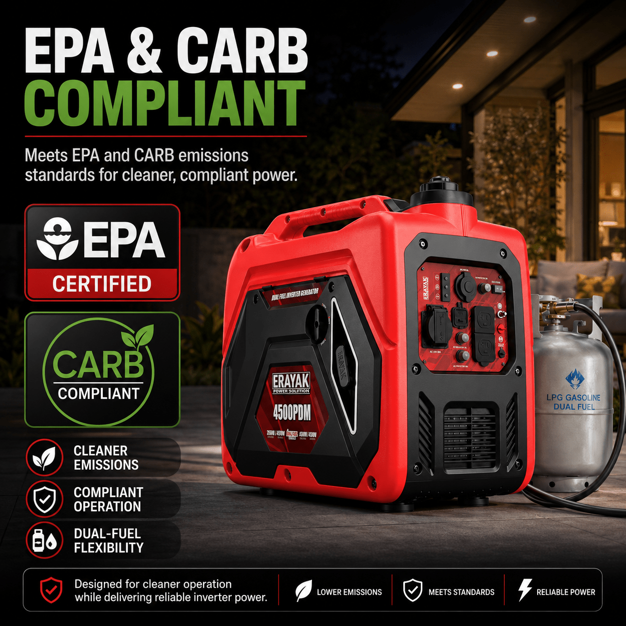 Erayak 4500PDM 4500W Dual-Fuel Inverter Generator for RV & Home Backup - Erayak Power - Portable Inverter Generator - EK-4500PDM