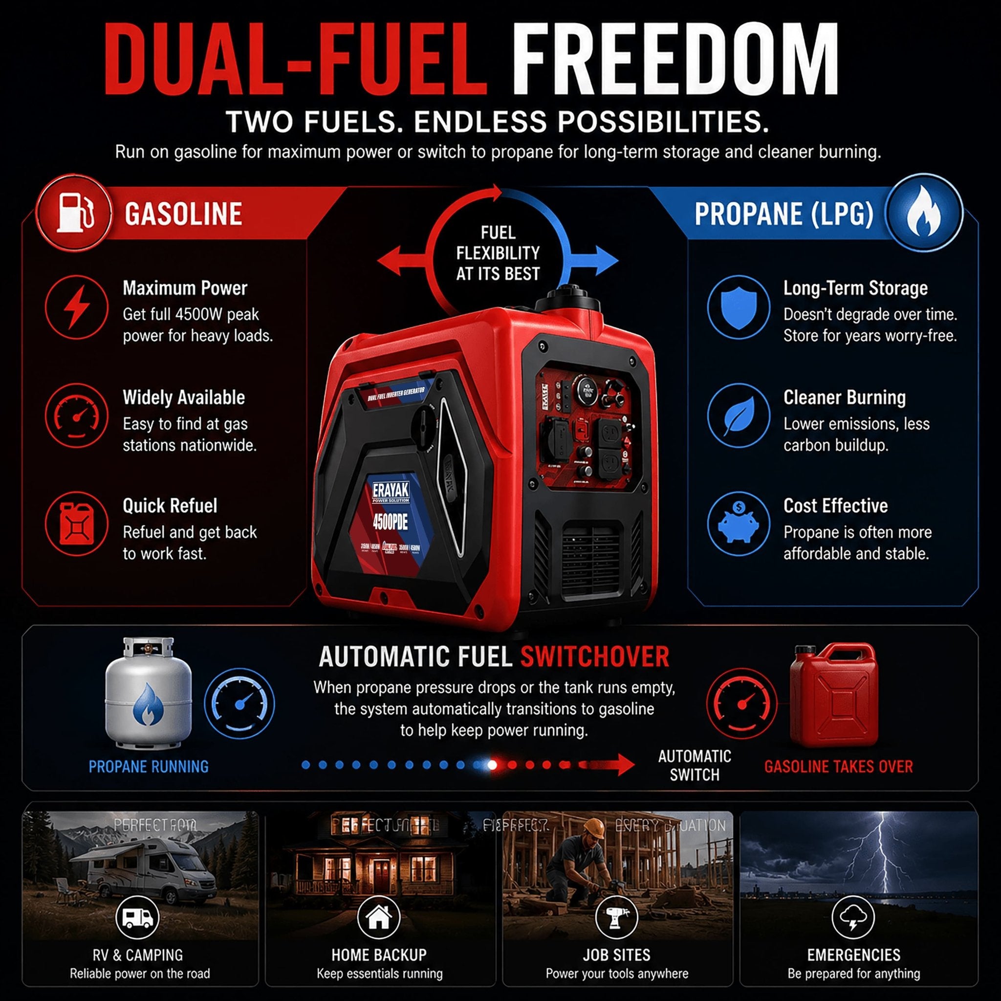Erayak 4500W Dual - Fuel Inverter Generator – Quiet Gas & Propane, 30Amp RV Ready, Portable Home Backup Power - Erayak Power - Portable Inverter Generator - EK-4500PDE