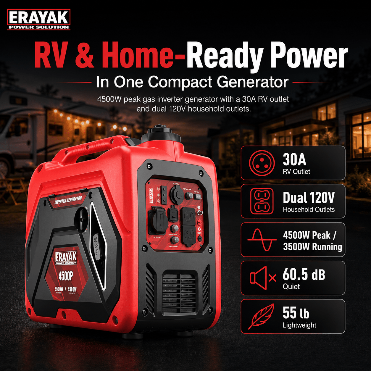 Erayak 4500W Quiet Inverter Generator | 30A RV - Ready Camping & Home Backup Power - Erayak Power - Portable Inverter Generator - EK-4500P