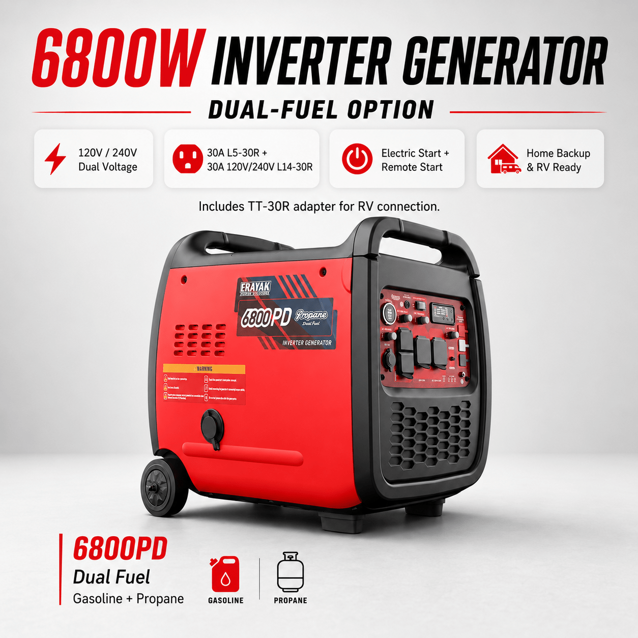 Erayak 6800W Portable Inverter Generator | 120V/240V For RV & Home Backup, Dual-Fuel - Erayak Power - Inverter Generator - EK-6800PD