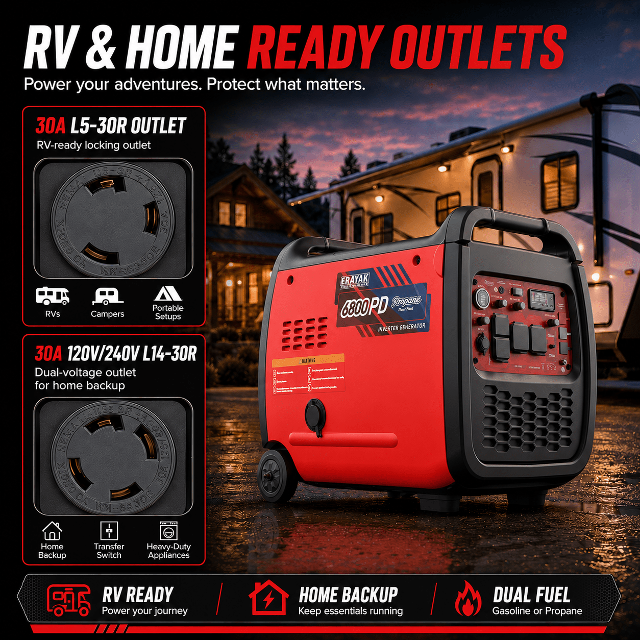Erayak 6800W Portable Inverter Generator | 120V/240V For RV & Home Backup, Dual-Fuel - Erayak Power - Inverter Generator - EK-6800PD