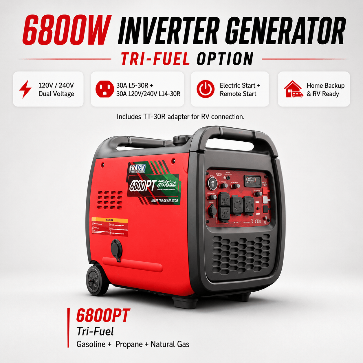 Erayak 6800W Portable Inverter Generator | 120V/240V For RV & Home Backup,Tri-Fuel - Erayak Power - Inverter Generator - EK-6800PT
