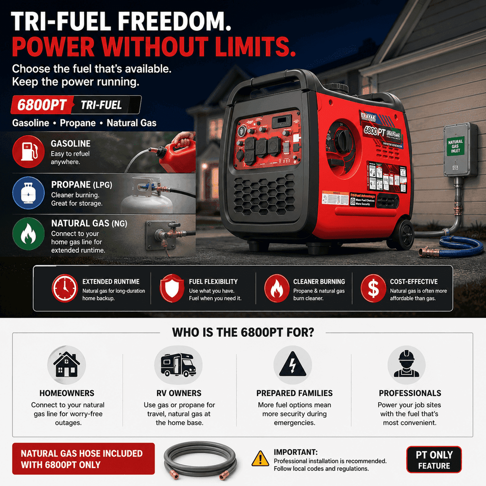 6800W Tri-Fuel Inverter Generator | 120V/240V Home Backup