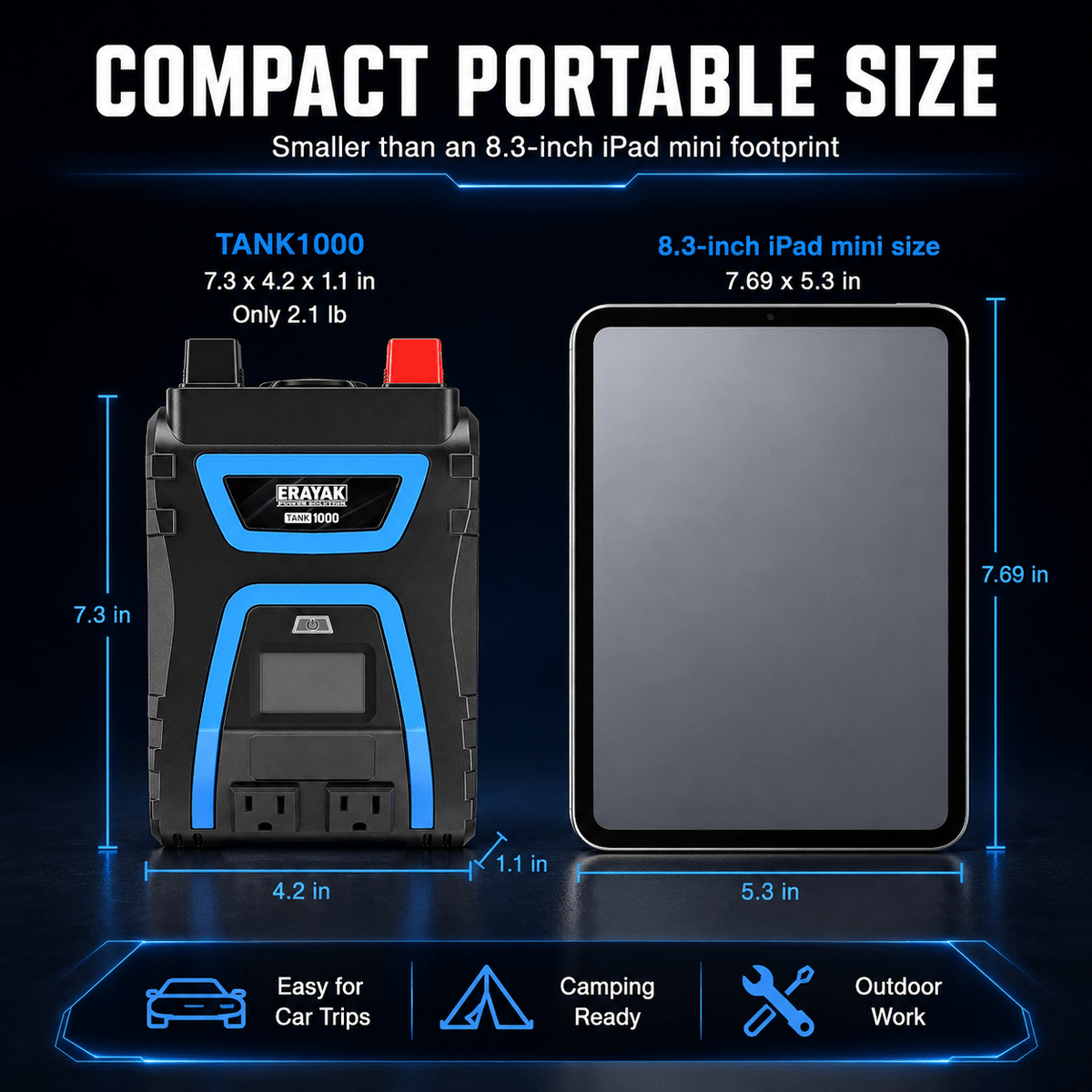 ERAYAK TANK1000 1000W Power Inverter 12V to 115V AC, Modified Sine Wave Inverter with LCD Display, USB-A/C Ports & Remote Control for RV, Truck, Solar & Home Backup - Erayak Power - Power Inverter - InverterTANK-1000-US-1