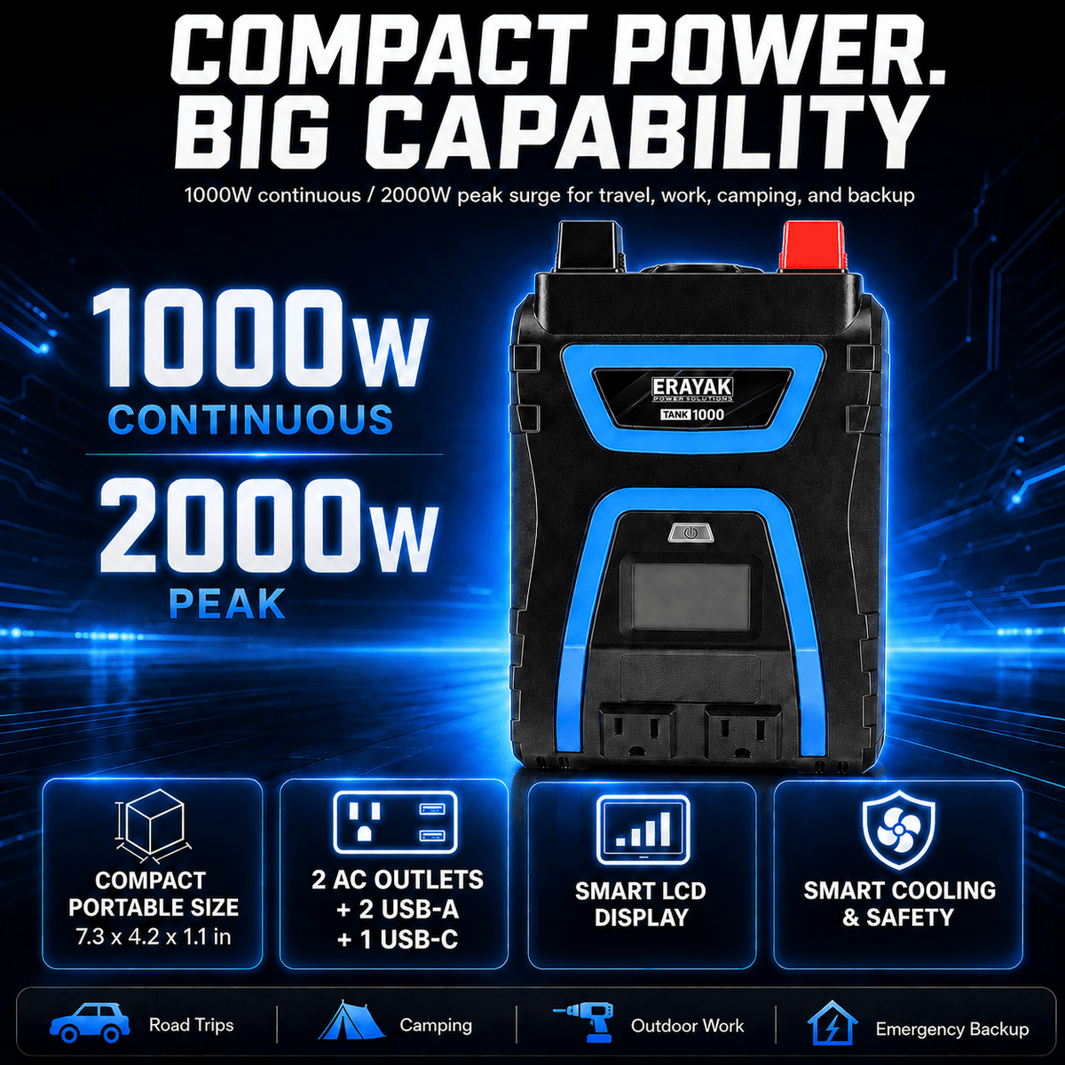 ERAYAK TANK1000 1000W Power Inverter 12V to 115V AC, Modified Sine Wave Inverter with LCD Display, USB-A/C Ports & Remote Control for RV, Truck, Solar & Home Backup - Erayak Power - Power Inverter - InverterTANK-1000-US-1
