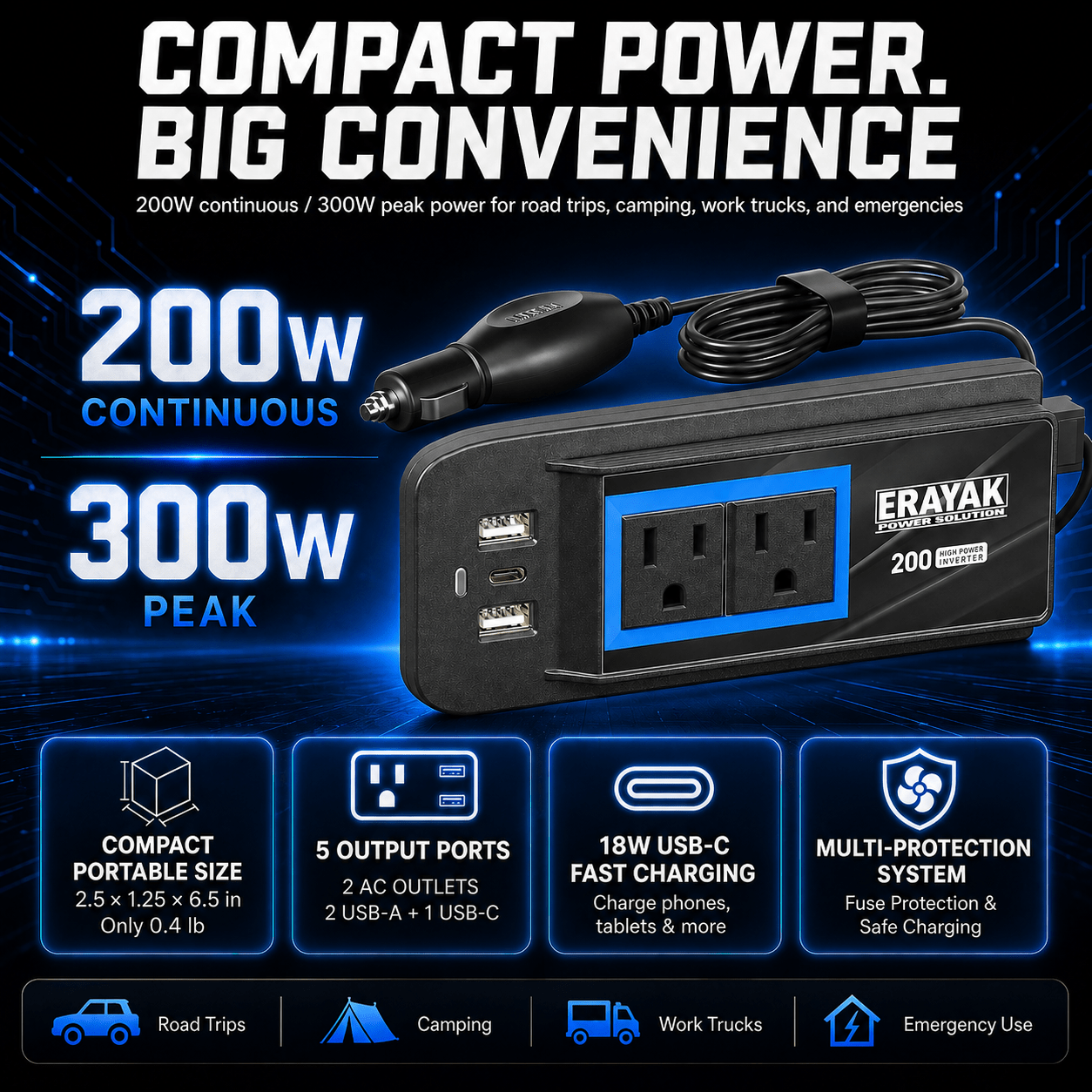 ERAYAK TANK200 200W Cigarette Lighter Power Inverter with 18W USB-C PD - Erayak Power - Car charger - EK-TANK200