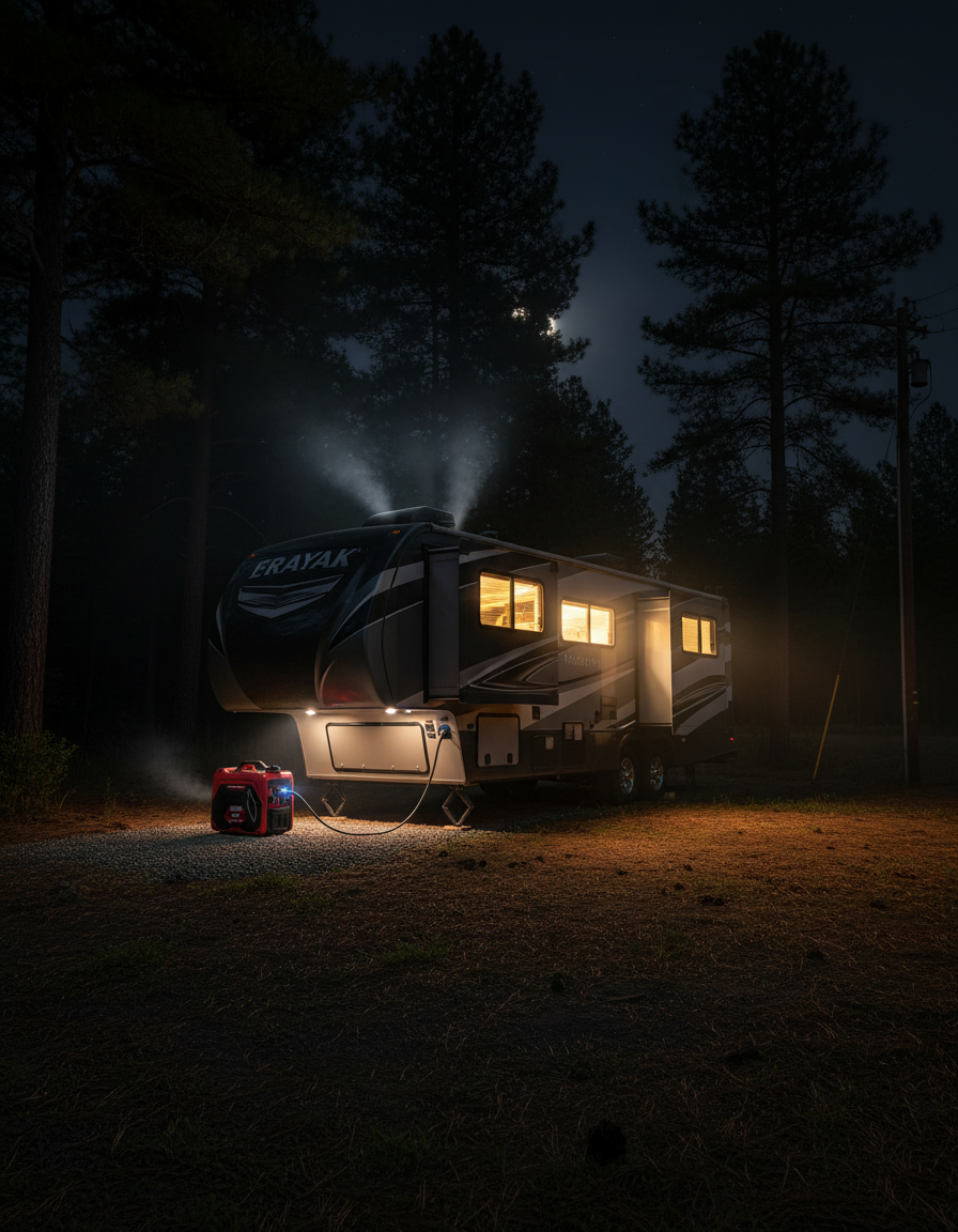 Nighttime RV campground scene with Erayak 4500P generator