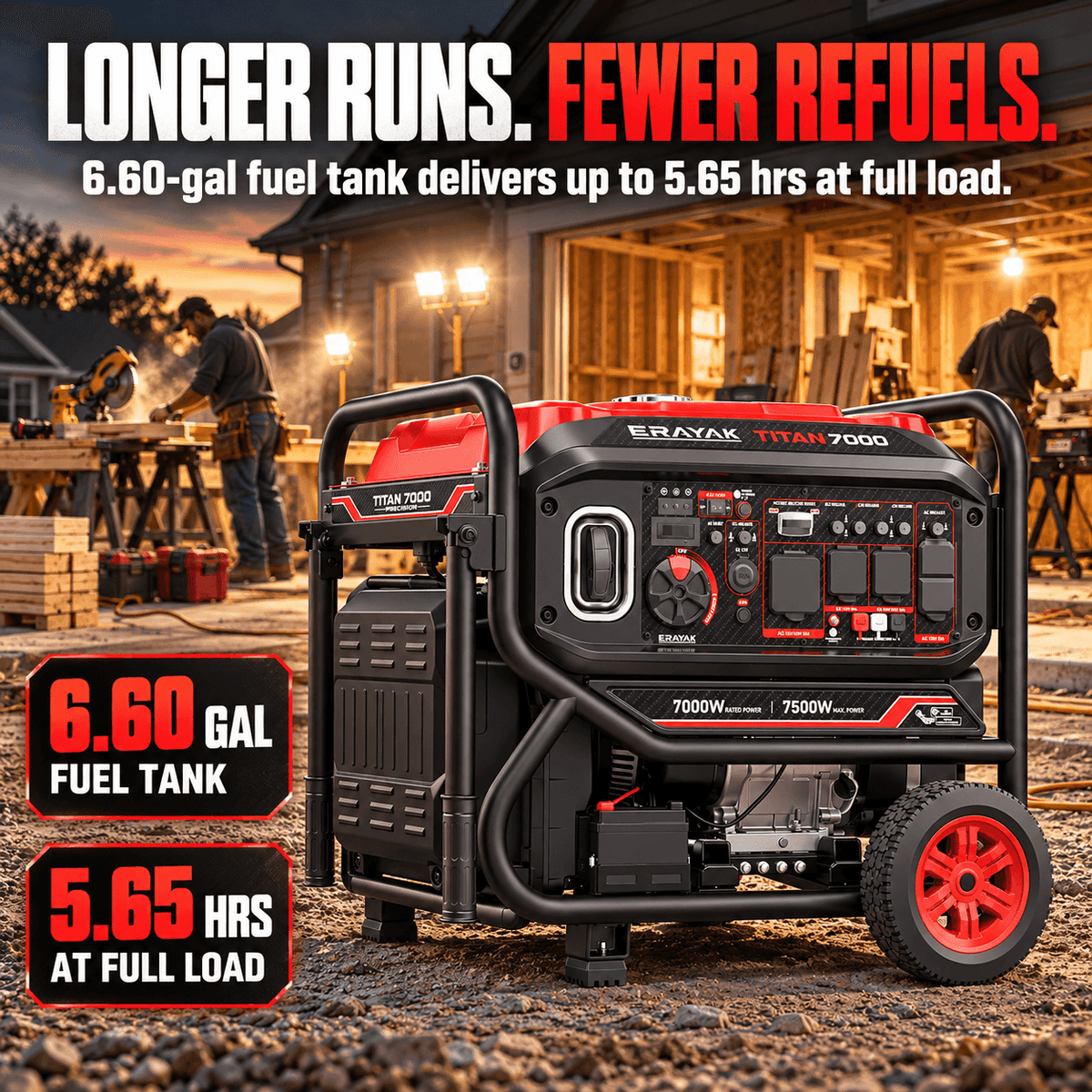 ERAYAK TITAN 7000W inverter generator with red and black design, large control panel, wheels, and sturdy frame, ideal for home and job sites