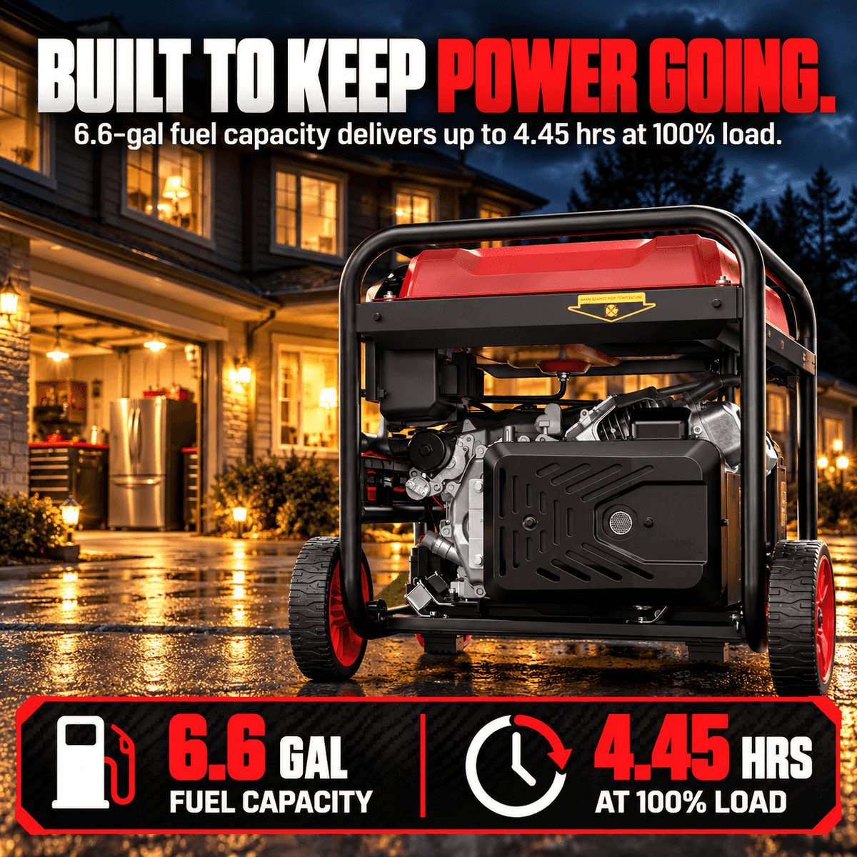 Portable inverter generator with black frame and red fuel tank, ideal for home and commercial use, 6.6-gallon fuel capacity, nighttime outdoor setting