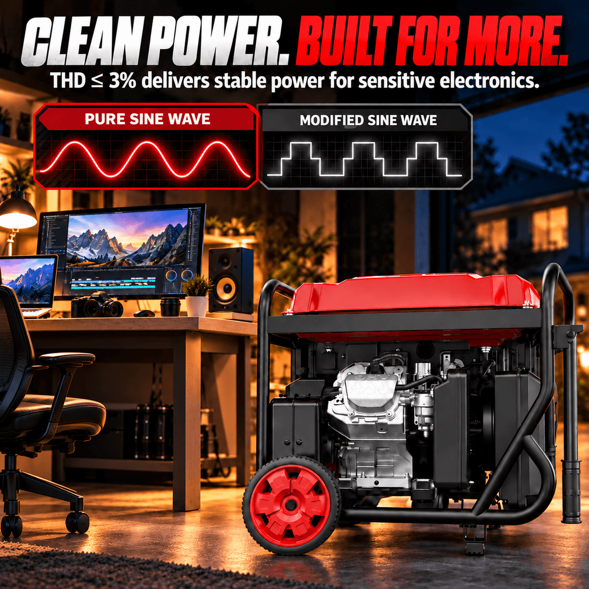 Red and black inverter generator for home and commercial use with visible engine, set in a modern workspace with electronic devices