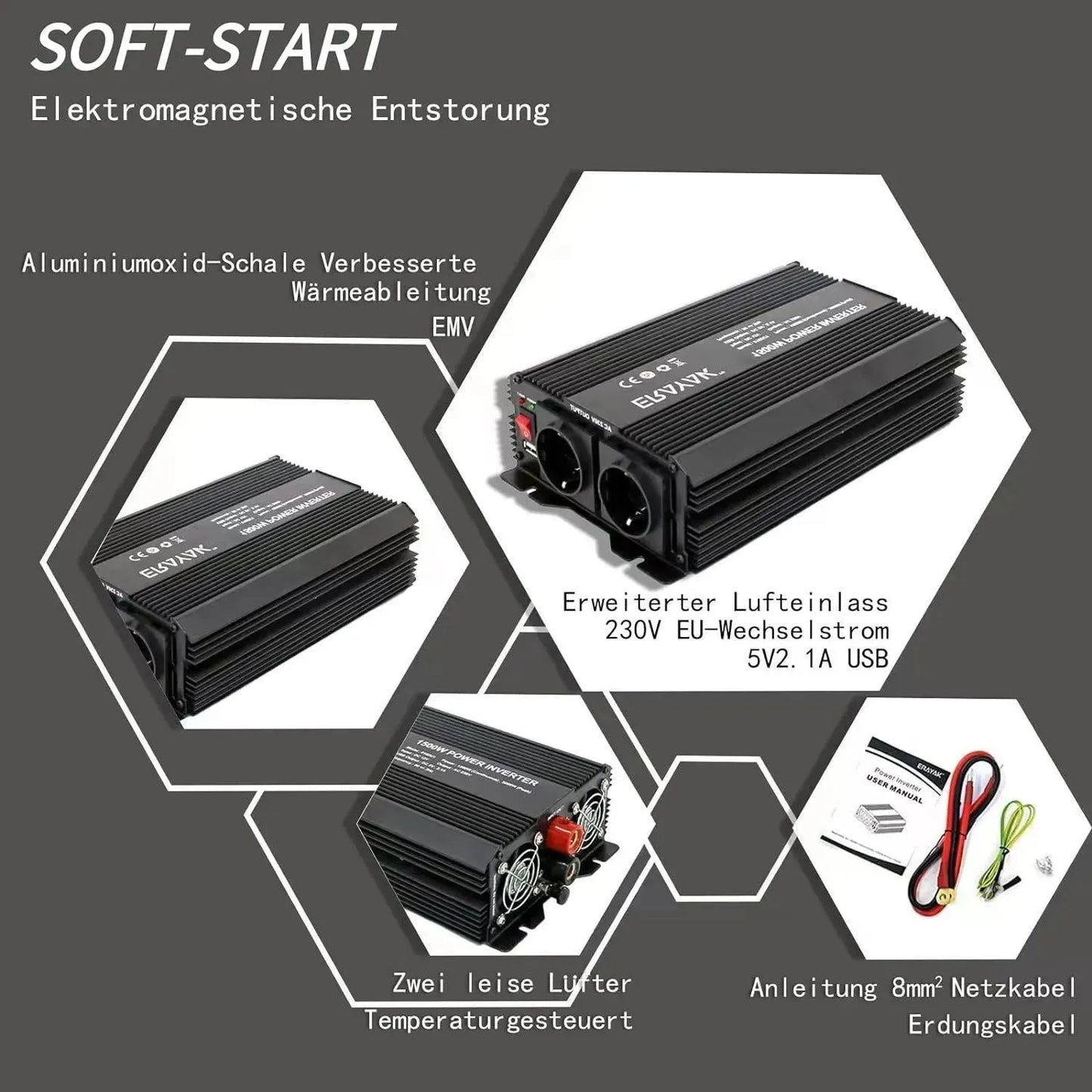 ERAYAK Power Inverter 1500W/3000W Solar Converter 12V DC to 230V AC - Ideal for Car Truck Camper RV - Erayak Power