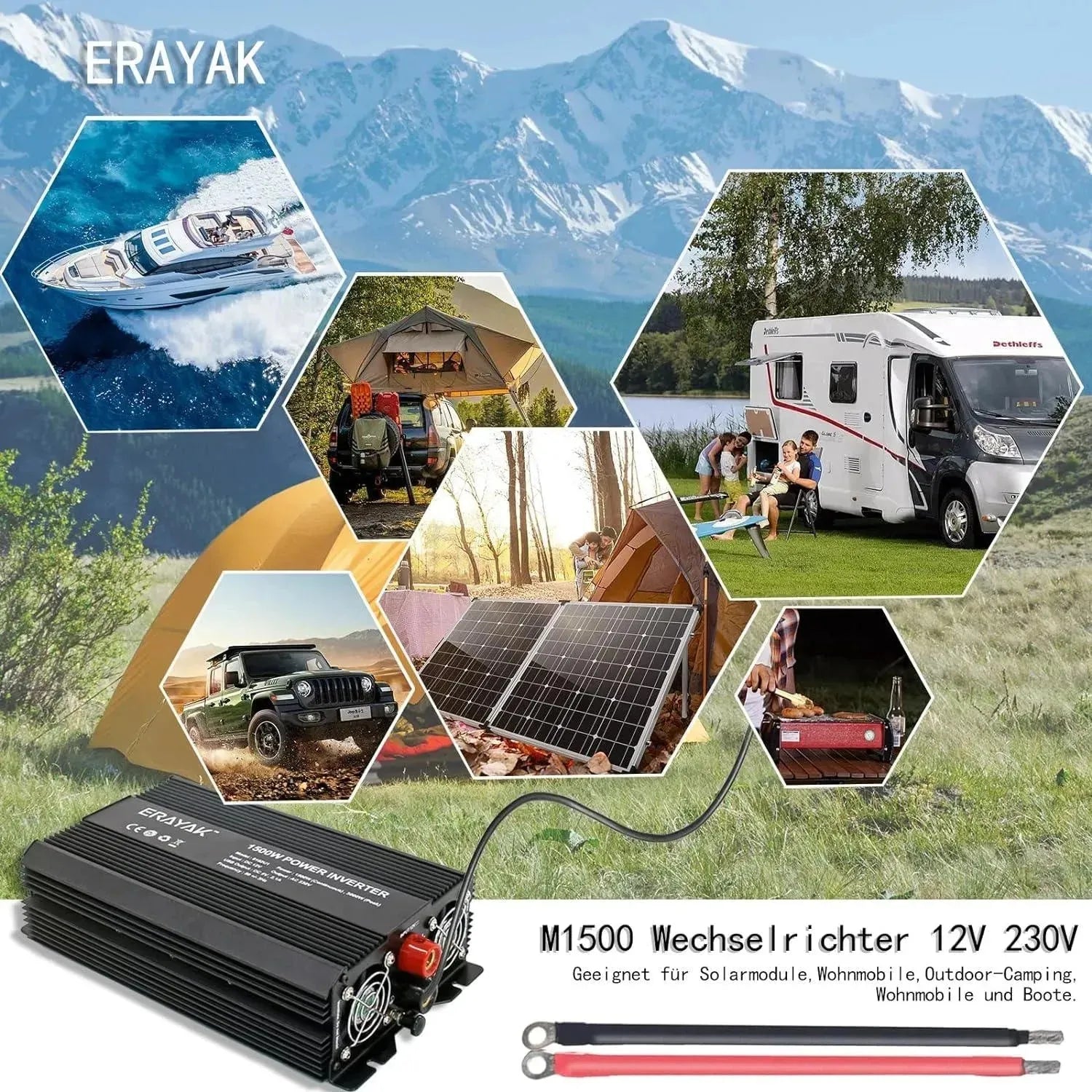 ERAYAK Power Inverter 1500W/3000W Solar Converter 12V DC to 230V AC - Ideal for Car Truck Camper RV - Erayak Power