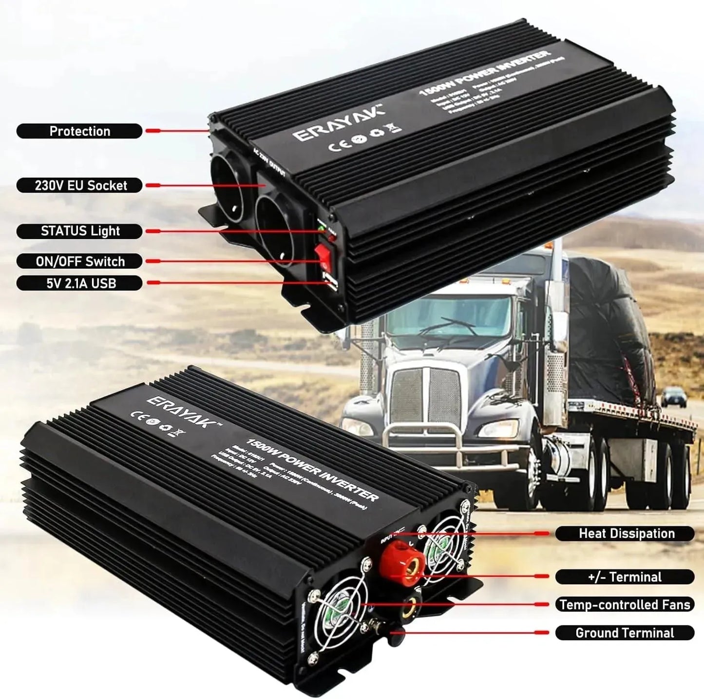 ERAYAK Power Inverter 1500W/3000W Solar Converter 12V DC to 230V AC - Ideal for Car Truck Camper RV - Erayak Power